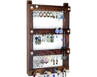 Caribbean Rosewood Jewelry Organizer | Earring Holder | Jewelry Holder | Wall Mount Jewelry Display, Necklace Holder. Holds 30 pairs, 4 pegs