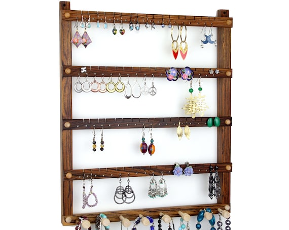 Organizador de pared de pendientes y collares de cerezo de madera / Soporte  de pendientes / Soporte de joyería / Tiene capacidad para 72 pares de  pendientes / 8 clavijas / Organizador de joyas -  México