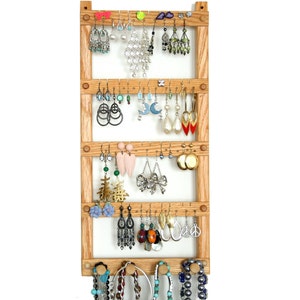 Earring Holder - Jewelry Display, Oak, Wood, plus Necklace - Jewelry Organizer.  Wall Mounted.  Holds up to 40 pairs, plus 4 pegs.