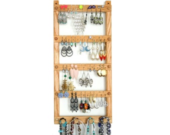 Oak Wall Mounted Earring Holder – Jewelry Organizer with Necklace Pegs