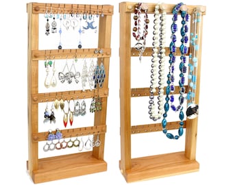 Organizador de joyas de madera de cerezo – Soporte para pendientes y collares