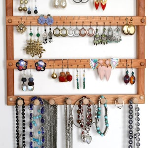 Wood Cherry Earring and Necklace Wall Organizer Earring Holder Jewelry Holder Holds 72 pairs of Earrings 8 pegs Jewelry Organizer image 2