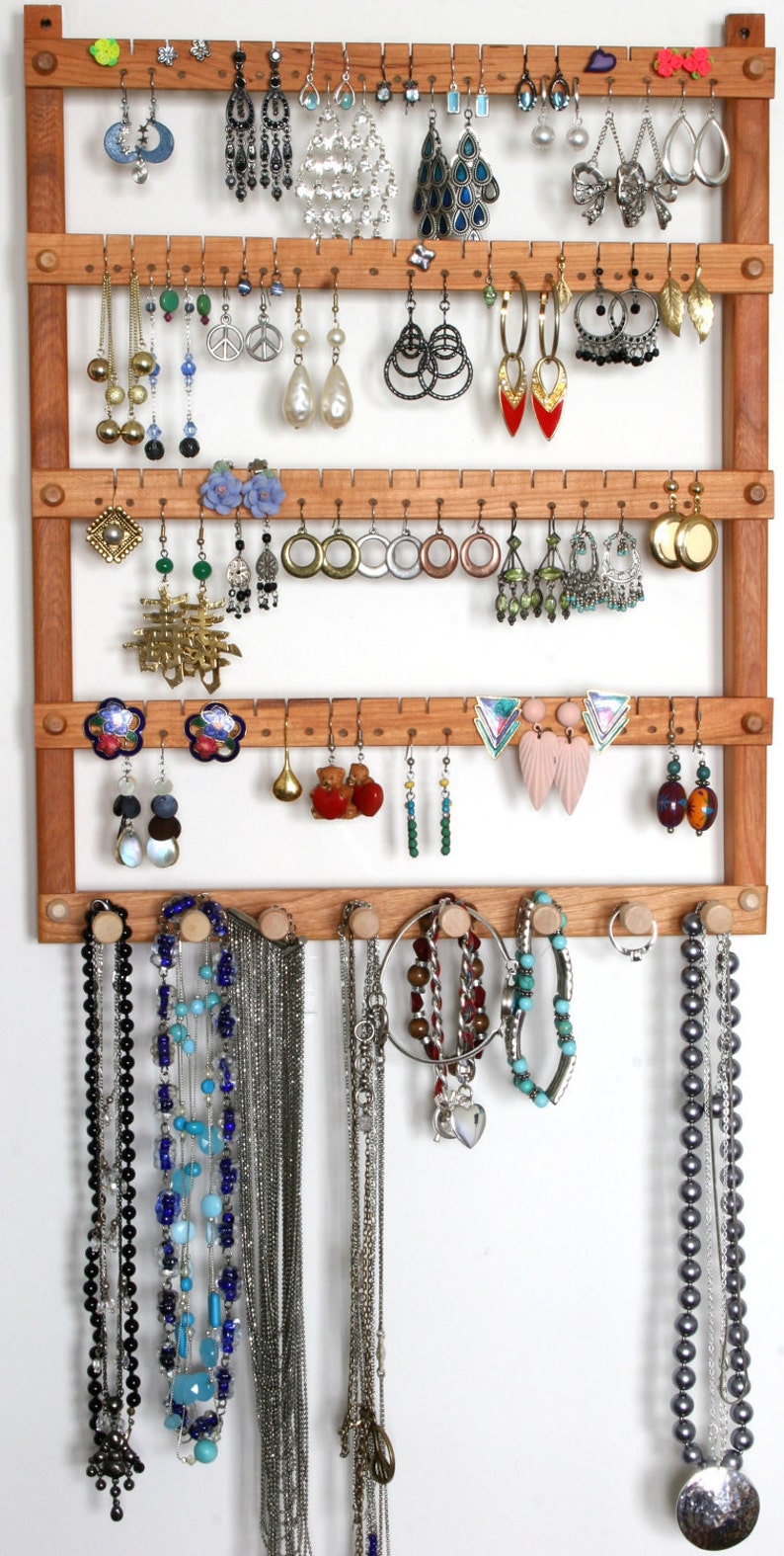 Wood Cherry Earring and Necklace Wall Organizer Earring Holder Jewelry Holder Holds 72 pairs of Earrings 8 pegs Jewelry Organizer image 2