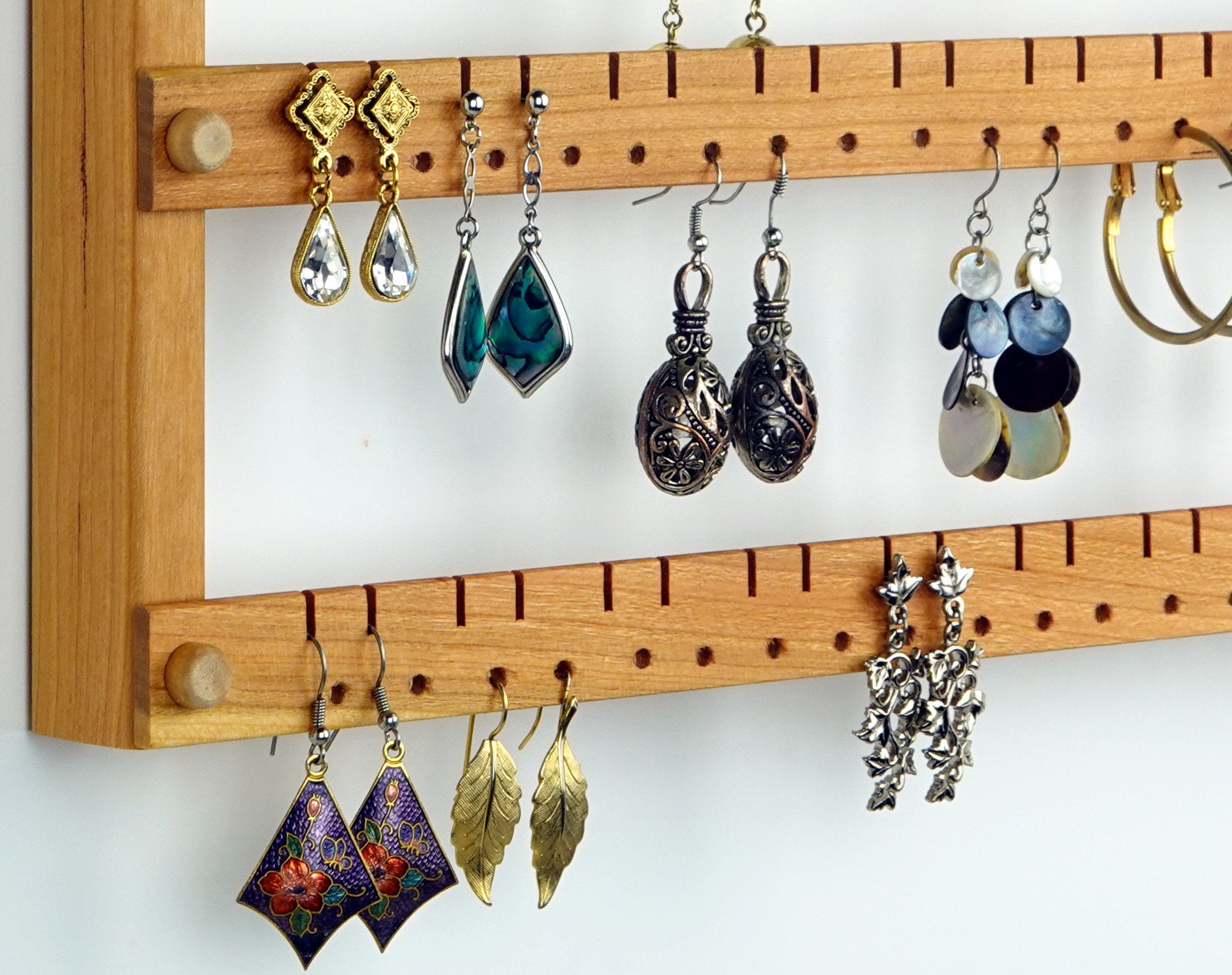 Organiseur Mural Bijoux En Bois - 3 Niveaux Avec Crochets Métal, Blanc, Pour Colliers, Boucles D'oreilles, Bracelets