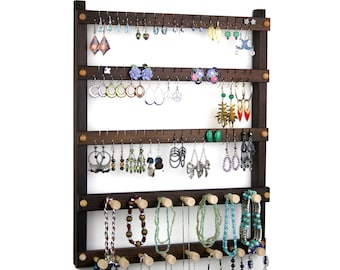 Peruvian Walnut Earring Holder, Wall Hanging Jewelry Organizer with Necklace Bar