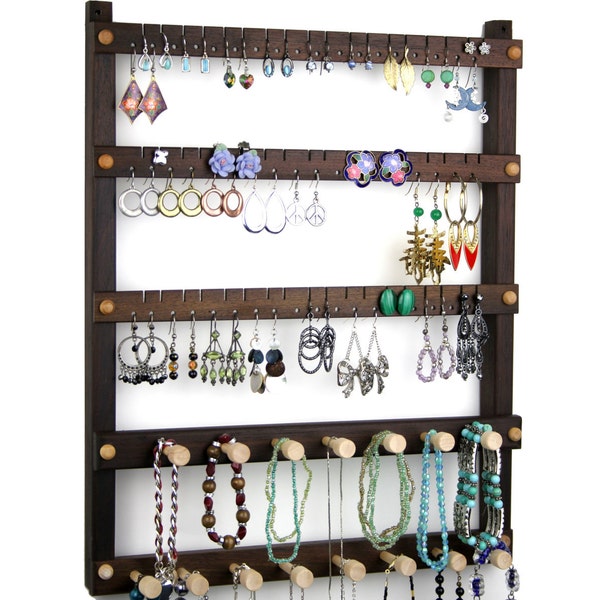 Jewelry Holder - Peruvian Walnut Earring Holder, Hanging, Wood, 2 Necklace Bars. 54 pairs of Earrings, plus 15 pegs. Jewelry Organizer