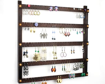 Wall Mount Earring Holder and Jewelry Organizer made from Peruvian Walnut wood. Holds up to 120 Pairs of Earrings