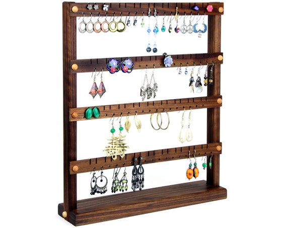 Jewelry Holder Wall Mount Earring Holder, Hanging, Black Walnut Wood. Holds  72 Pairs Plus 10 Peg Necklace Holder. Jewelry Organizer 