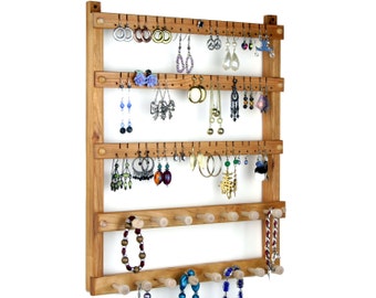 Jewelry Display | Cherry Wood Wall Mount Earring Organizer | Earrings Display | Jewelry Holder | Holds up to 54 pairs, 15 Pegs for Necklaces