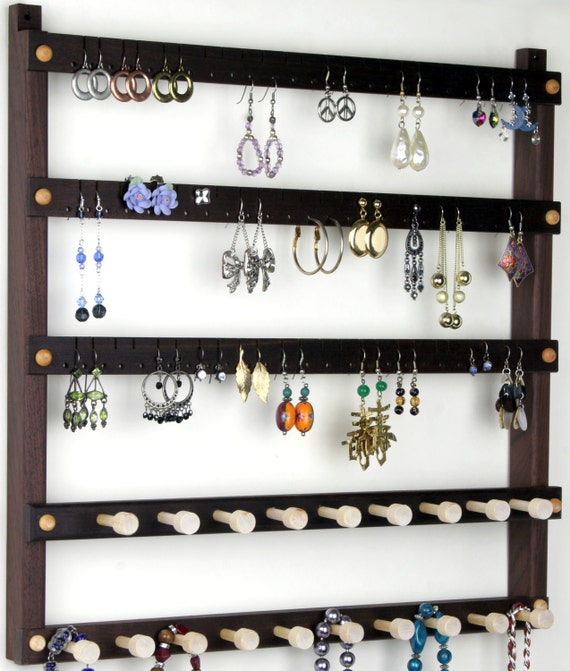 Jewelry Holder Wall Mount Earring Holder, Hanging, Black Walnut Wood. Holds  72 Pairs Plus 10 Peg Necklace Holder. Jewelry Organizer 