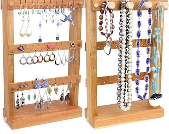 Cherry Wood Earring Holder – Jewelry Display with Necklace Pegs