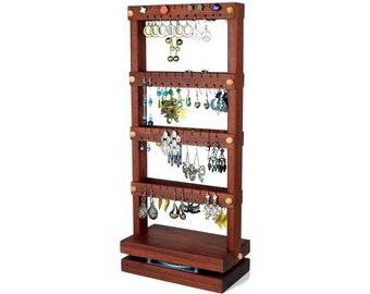 Spinning Double-Sided Earring Holder Stand - Rotating Jewelry Display, Bloodwood, Holds 80 pairs. Jewelry Holder - Earring Display