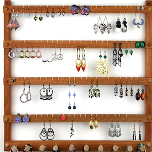 Wood Earring Holder Jewelry Organizer, Cherry, Wall Mount, plus Necklace Bar. Holds up to 96 Pairs of Earrings plus 10 Jewelry pegs. image 1