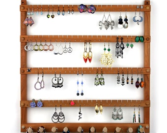 Jewelry Holder Wall Mount Earring Holder, Hanging, Black Walnut Wood. Holds  72 Pairs Plus 10 Peg Necklace Holder. Jewelry Organizer 