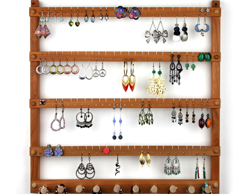 Wood Earring Holder Jewelry Organizer, Cherry, Wall Mount, plus Necklace Bar. Holds up to 96 Pairs of Earrings plus 10 Jewelry pegs. image 1