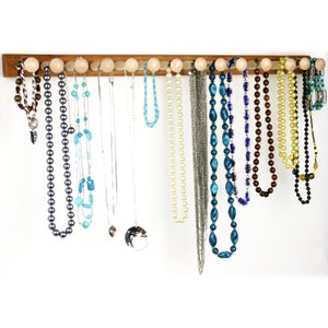 Large 20&quot; Wide Cherry Shaker Peg Necklace Rack | Hanging Shaker Peg Jewelry Holder Bar | 14 Pegs | Necklace Storage Holder | Jewelry Display