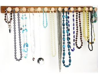 Large 20" Wide Cherry Shaker Peg Necklace Rack | Hanging Shaker Peg Jewelry Holder Bar | 14 Pegs | Necklace Storage Holder | Jewelry Display