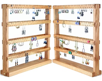 Oak Wood Earring Holder Stand, Double-Sided Jewelry Organizer