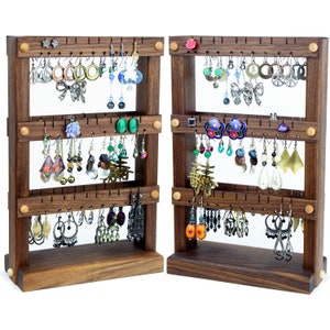 Double-Sided Black Walnut Wooden Earring Holder Stand, Jewelry Display. Holds 80 pairs of Earrings