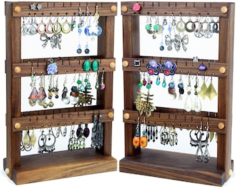 Double-Sided Black Walnut Wooden Earring Holder Stand, Jewelry Display. Holds 80 pairs of Earrings