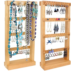 Jewelry Organizer - Jewelry Display, Oak, Wood, Stand, Necklace Bar. Holds up to 40 pairs of Earrings, plus 4 jewelry pegs.  Earring Display