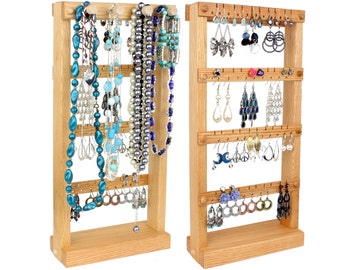 Jewelry Organizer - Jewelry Display, Oak, Wood, Stand, Necklace Bar. Holds up to 40 pairs of Earrings, plus 4 jewelry pegs.  Earring Display