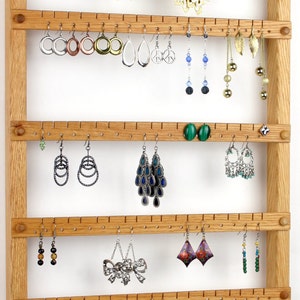 126 Pair Hanging Earring Holder Jewelry Organizer, Oak, Wood, Necklace Display. 8 pegs. Wall Mounted. Jewelry Holder image 2