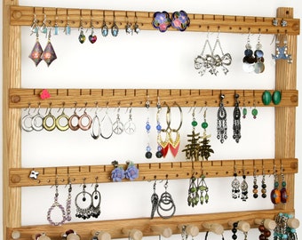 Oak Wall Mount Jewelry Organizer, Earring & Necklace Holder