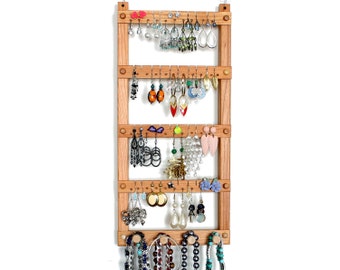 Earring Holder - Jewelry Holder, Cherry, Wood, Wall Mount with Necklace and Bracelet Jewelry Organizer.  Holds up to 40 pairs, 4 pegs.