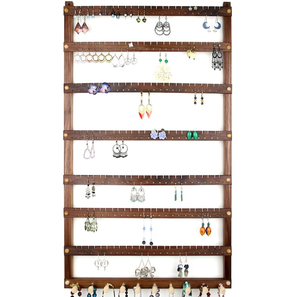 Jewelry Holder, Earring Holder, Black Walnut, Wood, Necklace Holder. 168 Pairs, 10 pegs. Wall Mount Jewelry Display - Jewelry Organizer