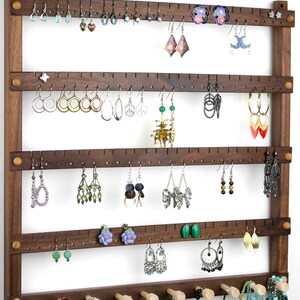 Black Walnut Earring Holder Jewelry Organizer, Hanging, Wood. Holds 96 pairs plus 10 peg Necklace Holder. Wall Mounted Jewelry Display image 2