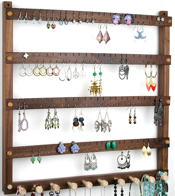 Organizador de pared de pendientes y collares de cerezo de madera / Soporte  de pendientes / Soporte de joyería / Tiene capacidad para 72 pares de  pendientes / 8 clavijas / Organizador de joyas -  México