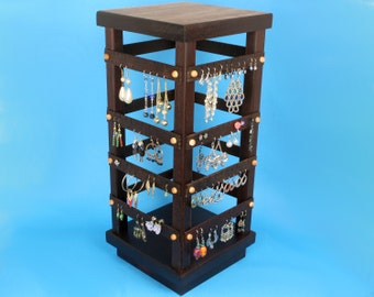 Jewelry Organizer - Jewelry Display - Earring Holder Stand, Wood, Spinning, Peruvian Walnut, 4-Sided Display with Revolving Base. 160 pairs