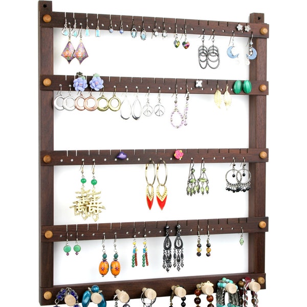 Jewelry Holder, Earring Holder, Hanging, Wood, Peruvian Walnut, Dark, Chocolate Brown, Necklace Holder. 72 pairs, 8 pegs. Jewelry Organizer