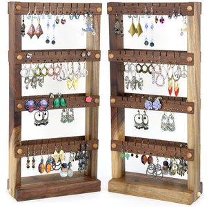 Earring Holder Stand - Jewelry Display, Black Walnut, Wood, Double-Sided. Holds 80 pairs. Jewelry Rack - Earring Organizer