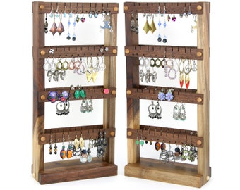Earring Holder Stand - Jewelry Display, Black Walnut, Wood, Double-Sided. Holds 80 pairs. Jewelry Rack - Earring Organizer