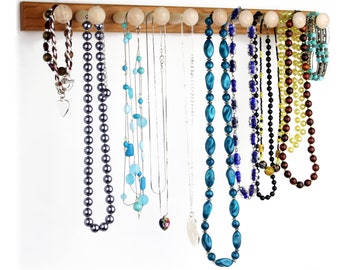 15" Wide Shaker Peg Wood Wall Mount Cherry Necklace Storage Rack | Jewelry Storage Rack | 10 Pegs | Hanging Necklace Holder Bar