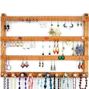 Jewelry Organizer / Earring Holder, Cherry, Wood, Wide, Wall Mount, Necklace Holder. Holds up to 72 pairs, 10 pegs. Jewelry Holder