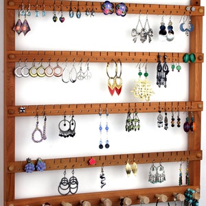 Wood Earring Holder Jewelry Organizer, Cherry, Wall Mount, plus Necklace Bar. Holds up to 96 Pairs of Earrings plus 10 Jewelry pegs. image 3