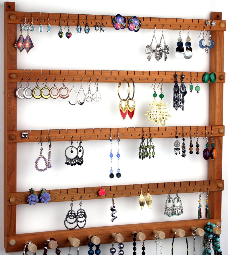 Wood Earring Holder Jewelry Organizer, Cherry, Wall Mount, plus Necklace Bar. Holds up to 96 Pairs of Earrings plus 10 Jewelry pegs. image 3