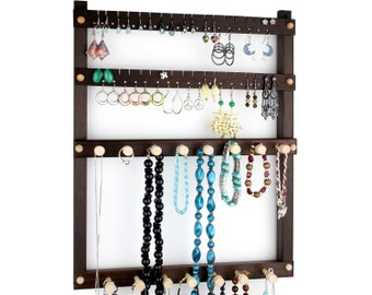 Peruvian Walnut Jewelry Display - Earring Organizer, Hanging, Holds 36 pairs, 15 peg Necklace Holder.  Wall Mounted Jewelry Holder