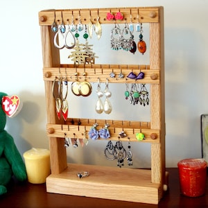 Earring Holder Stand - Jewelry Display Stand, Oak, Wood, Double-Sided. Holds up to 60 pairs of earrings. Jewelry Organizer