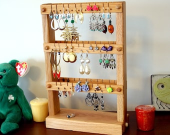 Oak Earring Holder Stand – Double-Sided Jewelry Organizer, Display for 60 Pairs
