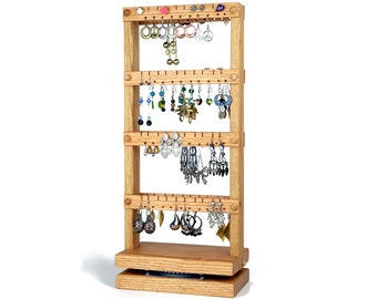 Spinning Double-Sided Earring Holder Stand - Rotating Jewelry Organizer, Oak, Wood, Holds 80 pairs. Jewelry Display - Earring Display