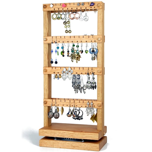 Spinning Double-Sided Earring Holder Stand - Rotating Jewelry Organizer, Oak, Wood, Holds 80 pairs. Jewelry Display - Earring Display