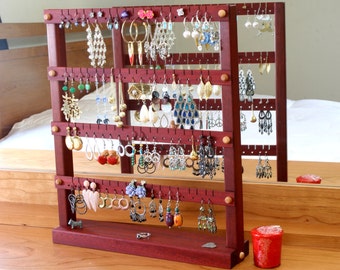 Jewelry Holder - Earring Holder Stand, Bloodwood, Red, Wood. Holds up to 72 pairs of earrings.  Jewelry Organizer - Earring Display