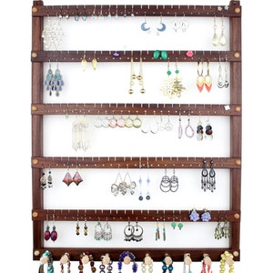 Porte-bijoux Porte-boucles d'oreilles, suspension, noyer noir, bois. Contient 120 paires, 10 piquets. Organiseur de bijoux mural Présentoir à bijoux image 1