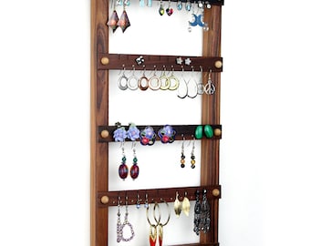 Wall Mount Jewelry Display - Earring Holder, Black Walnut, Black, Wooden, Jewelry Holder. Holds 40 pairs plus 4 necklace pegs