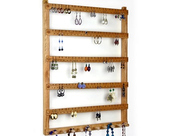 Oak Wall Mount Earring Holder, Holds 120 Pairs of Earrings, 10 Pegs for Necklaces and Braces, Jewelry Holder, Earring Display