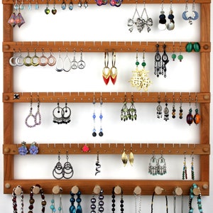 Wood Earring Holder Jewelry Organizer, Cherry, Wall Mount, plus Necklace Bar. Holds up to 96 Pairs of Earrings plus 10 Jewelry pegs. image 2